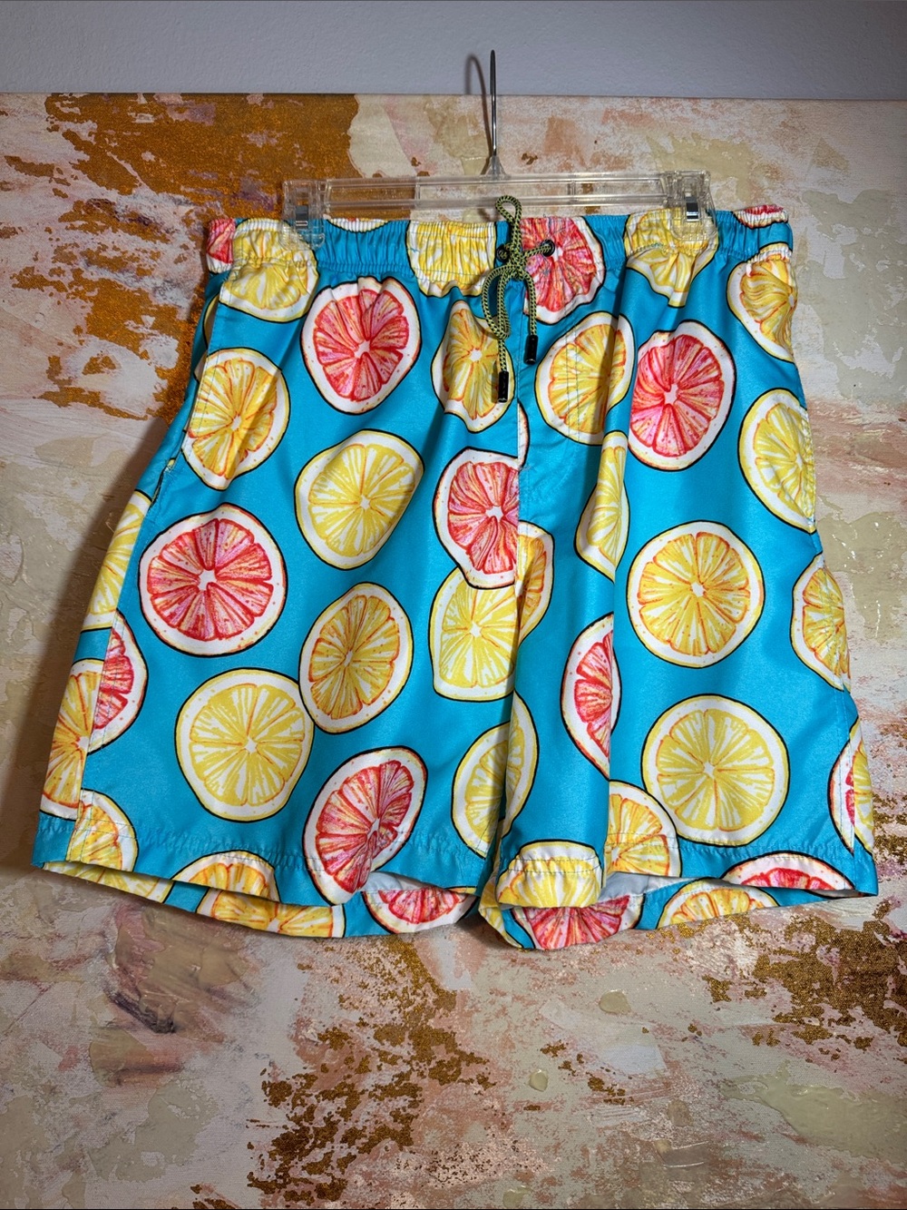 Men’s Broken Threads Surf Blue Citrus Print SwimTrunks lemon grapefruit large